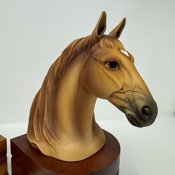Vintage Andrea by Sadek Horse Head Book Ends Wooden Base Made In Japan 9x5 - Picture 3 of 10